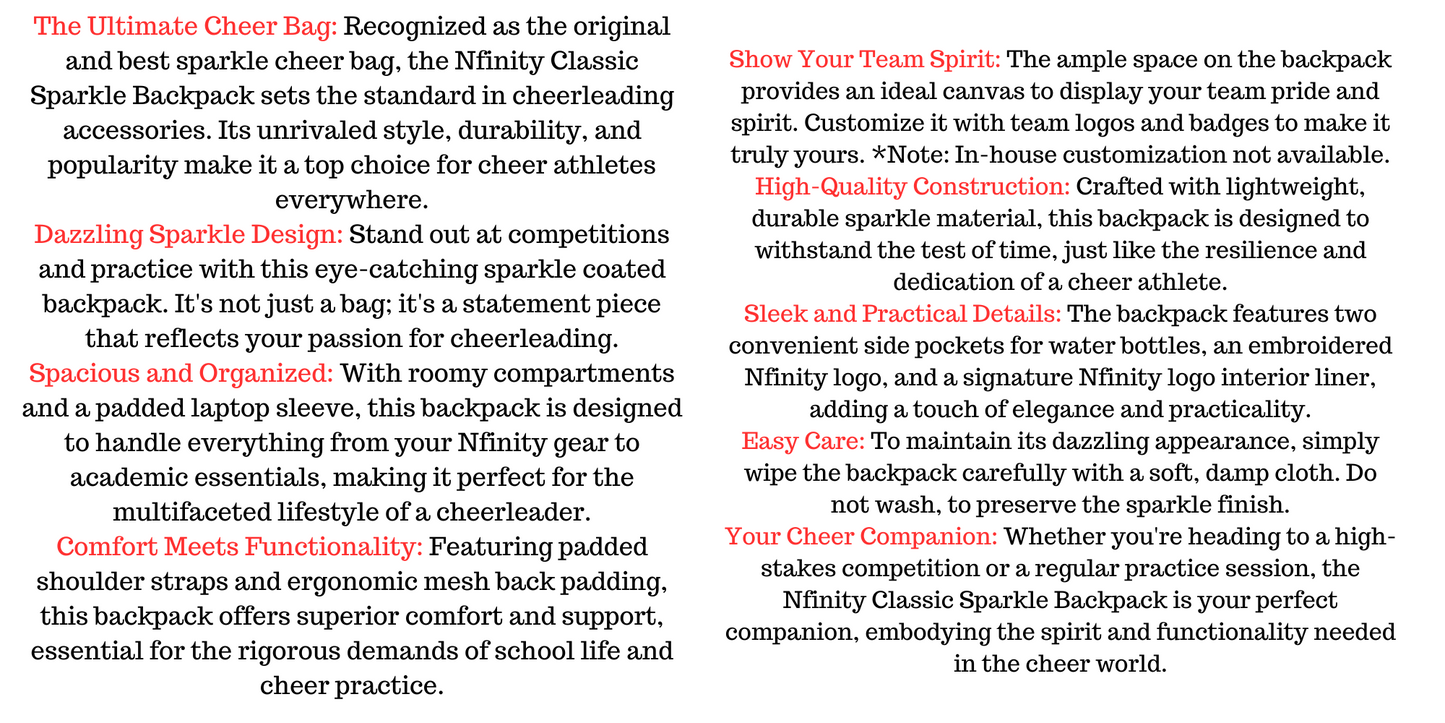 Nfinity Sparkle Glitter Backpack with Embroidered Dancer Leap Design