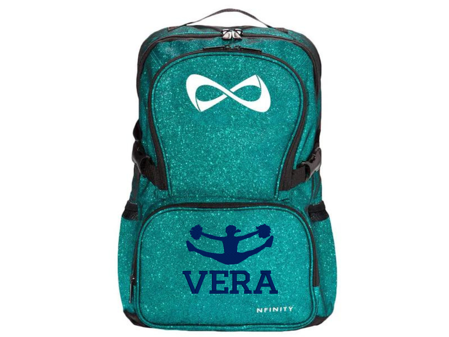 Personalized Nfinity teal sparkle cheer backpack with dark blue custom name Vera and cheerleader design