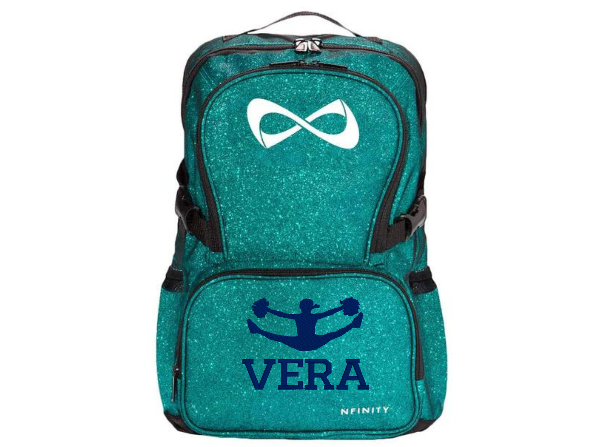 Personalized Nfinity teal sparkle cheer backpack with dark blue custom name Vera and cheerleader design