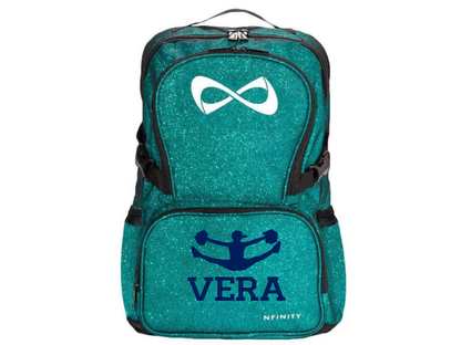 Personalized Nfinity teal sparkle cheer backpack with dark blue custom name Vera and cheerleader design