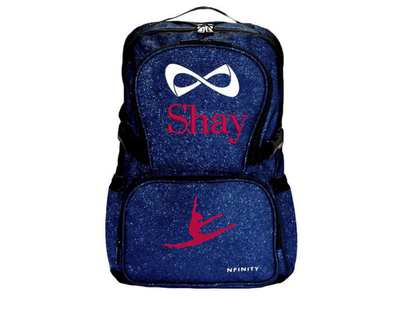Personalized Nfinity blue sparkle cheer backpack with red custom name Shay and cheerleader graphic