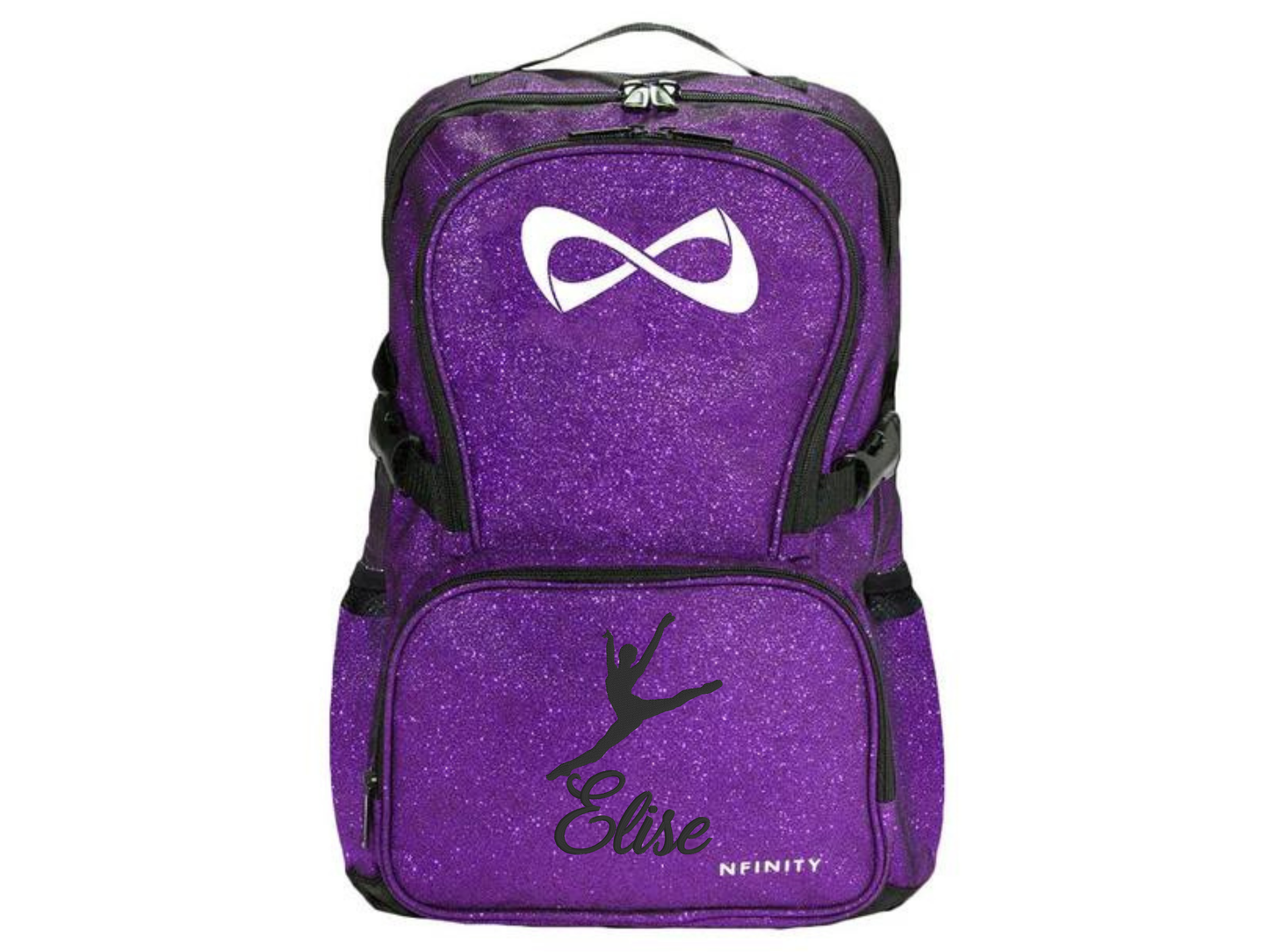 Personalized Nfinity purple sparkle cheer backpack with double name Elise in black text and cheerleader design