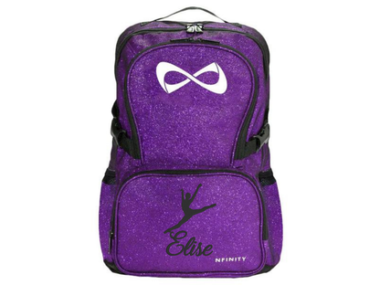 Personalized Nfinity purple sparkle cheer backpack with double name Elise in black text and cheerleader design