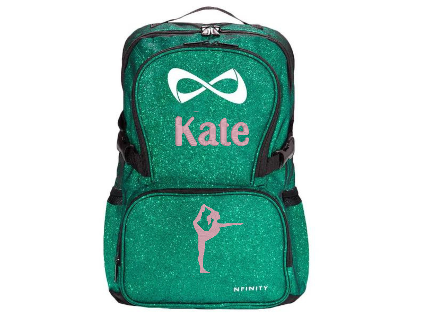 Custom Green Glitter Cheer Backpack – Personalized Nfinity Bag with Name, Cheerleader Design, Dance & Sports School Backpack