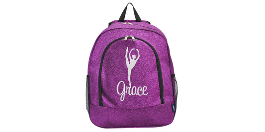 purple glitter dance backpack with personalized name and dancer silhouette