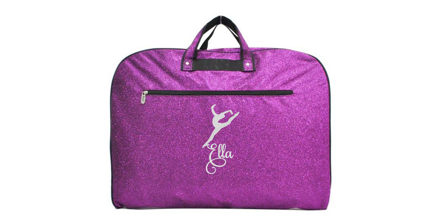 Personalized  Glitter Garment Bag with Embroidered Leaping Dancer Design