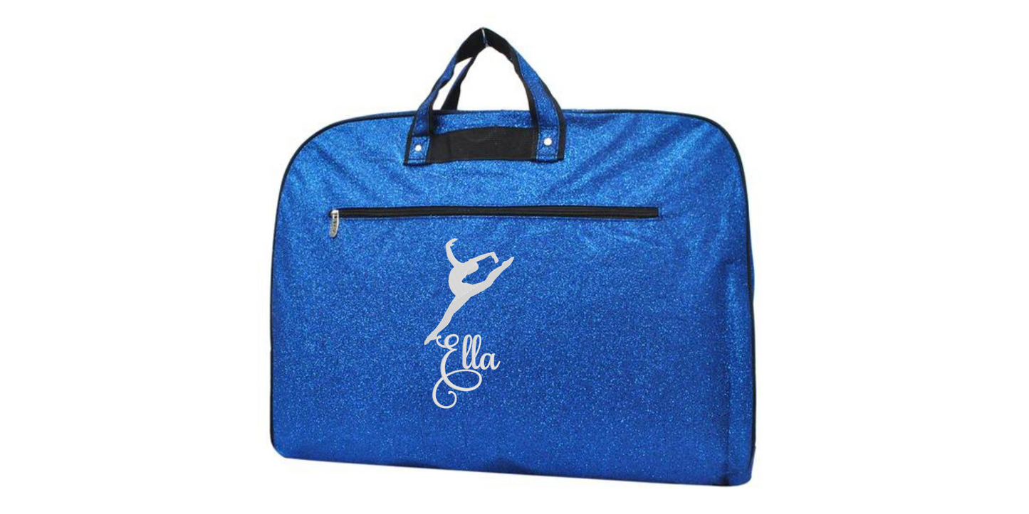 Personalized  Glitter Garment Bag with Embroidered Leaping Dancer Design