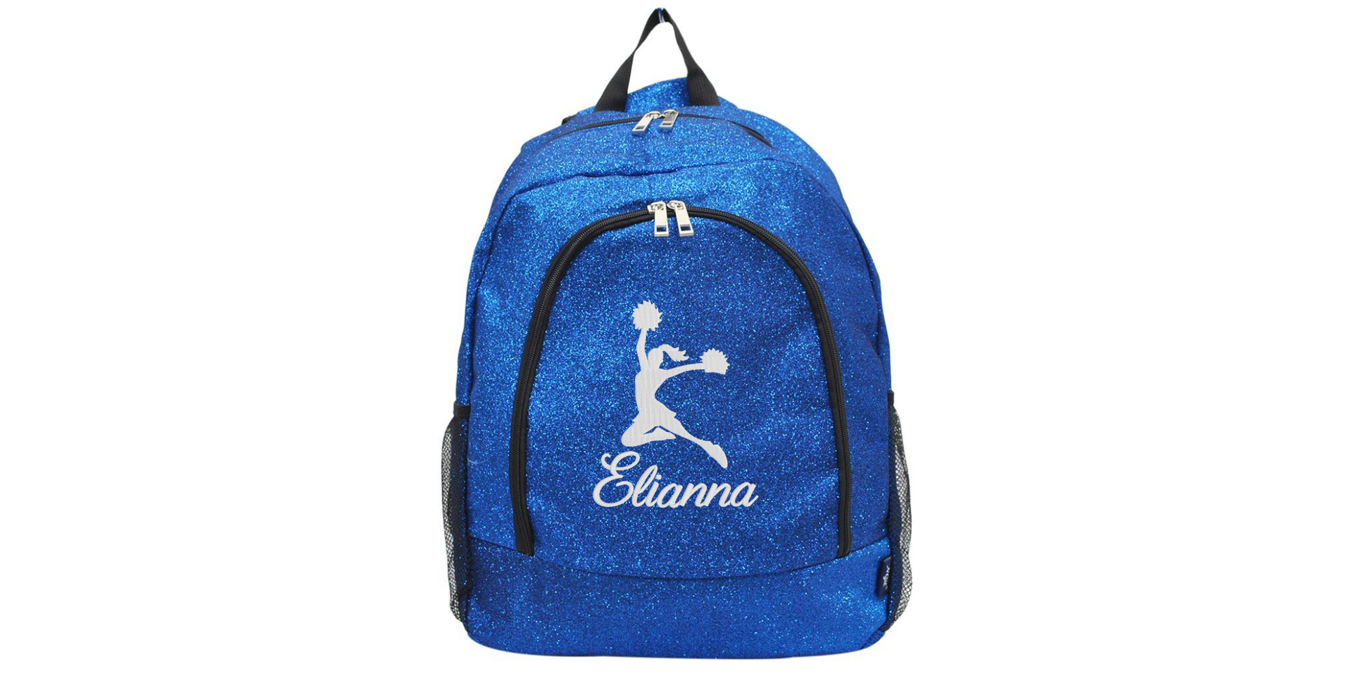 Royal blue glitter cheer backpack with white cheerleader silhouette and custom name “Elianna” on the front pocket