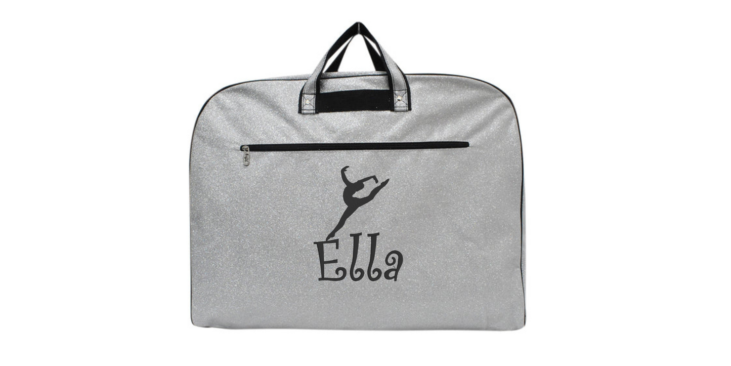 Personalized  Glitter Garment Bag with Embroidered Leaping Dancer Design