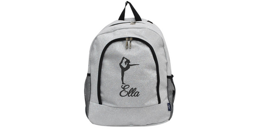 silver glitter cheer backpack with personalized name and athlete silhouette