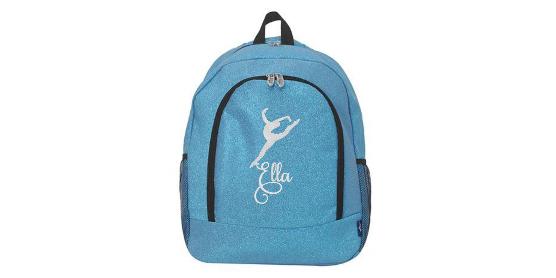 Turquoise glitter cheer backpack with white cheerleader silhouette and custom name “Ella” on the front pocket