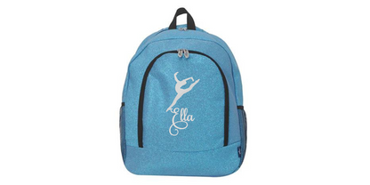 Turquoise glitter cheer backpack with white cheerleader silhouette and custom name “Ella” on the front pocket