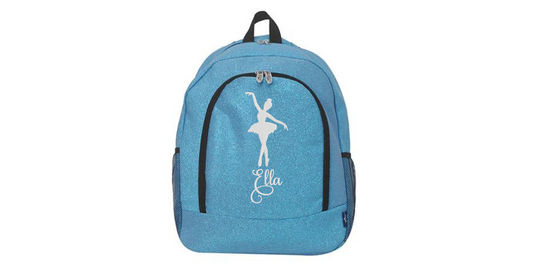 turquoise glitter ballet backpack with personalized name and ballerina silhouette