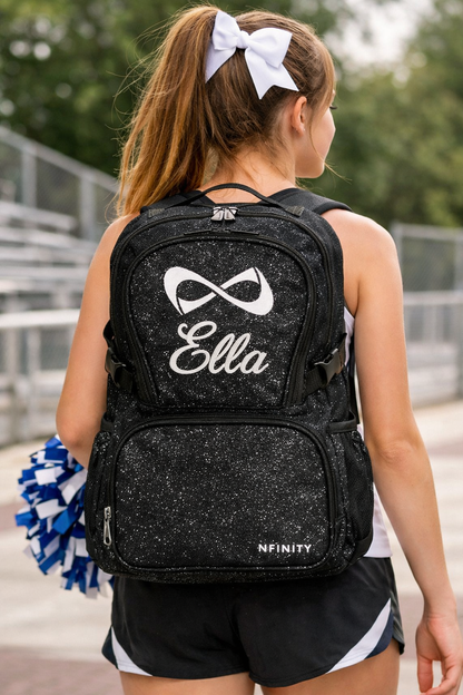 Personalized Black Glitter Backpack – Custom Cheer Dance Gymnastics Sports Bag – Nfinity Style Sparkle Backpack with Name