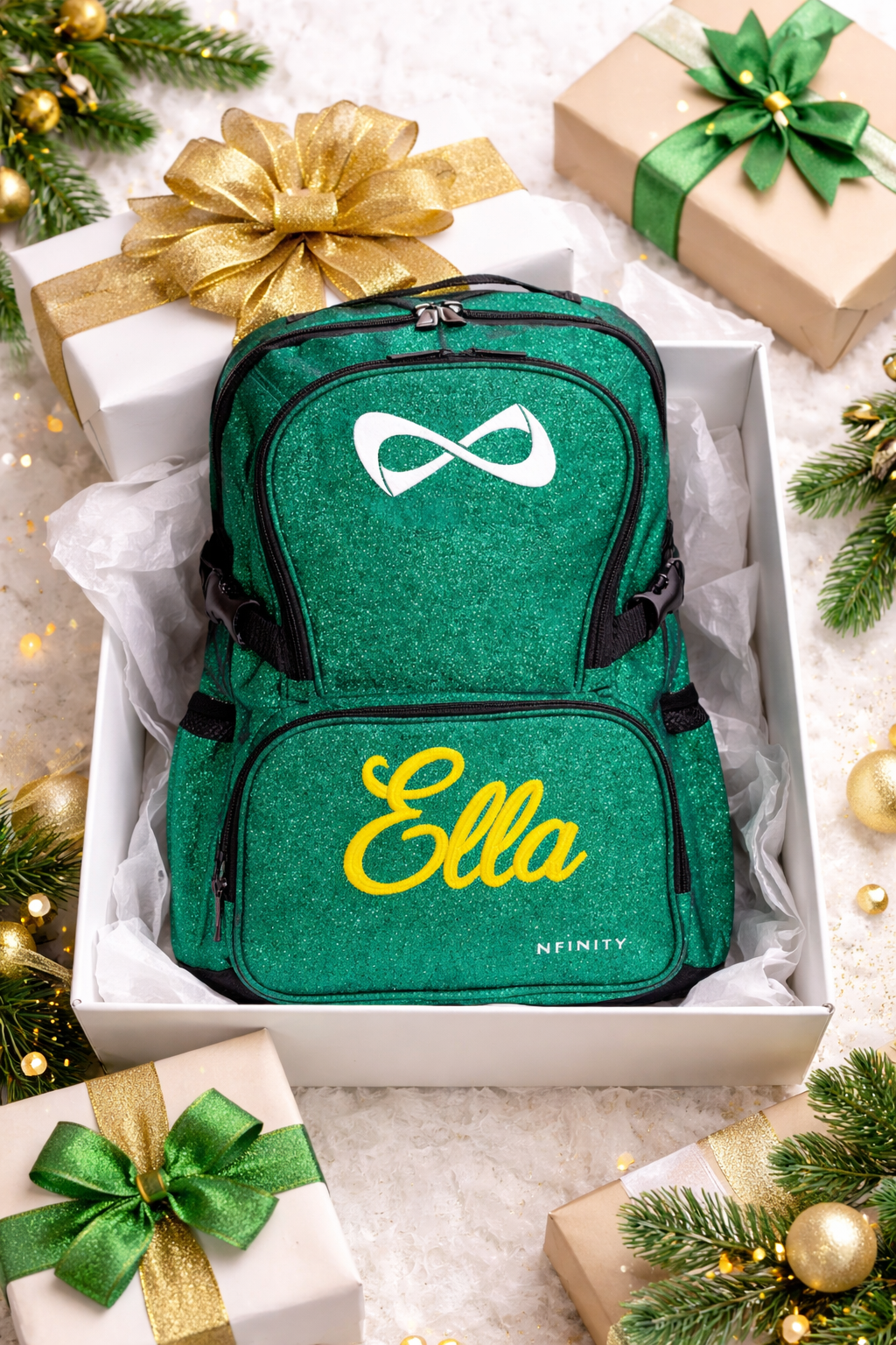 Personalized Green Nfinity Glitter Backpack – Custom Embroidered Cheer, Dance & Gymnastics Bag