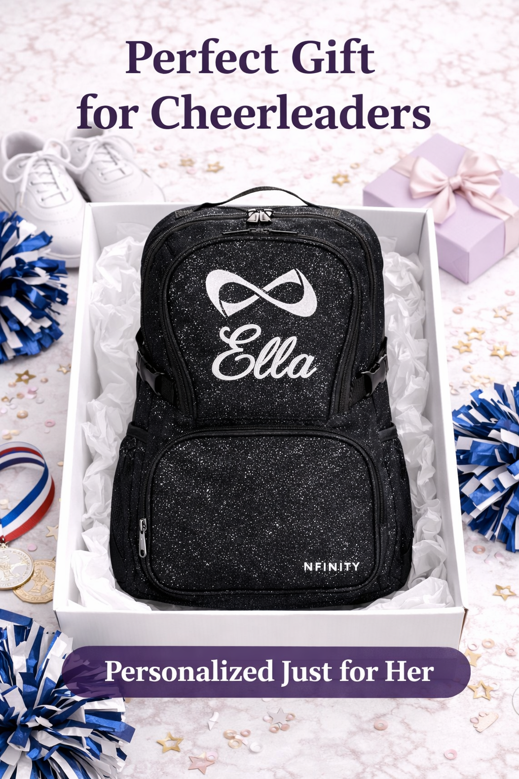 Personalized Black Glitter Backpack – Custom Cheer Dance Gymnastics Sports Bag – Nfinity Style Sparkle Backpack with Name