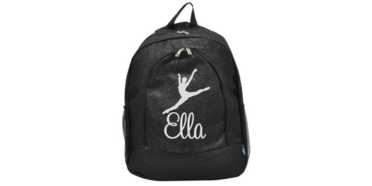 personalized black glitter cheer backpack with silhouette design and custom name