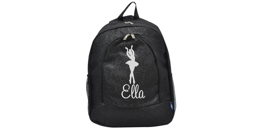 black glitter dance backpack with personalized name and dancer silhouette
