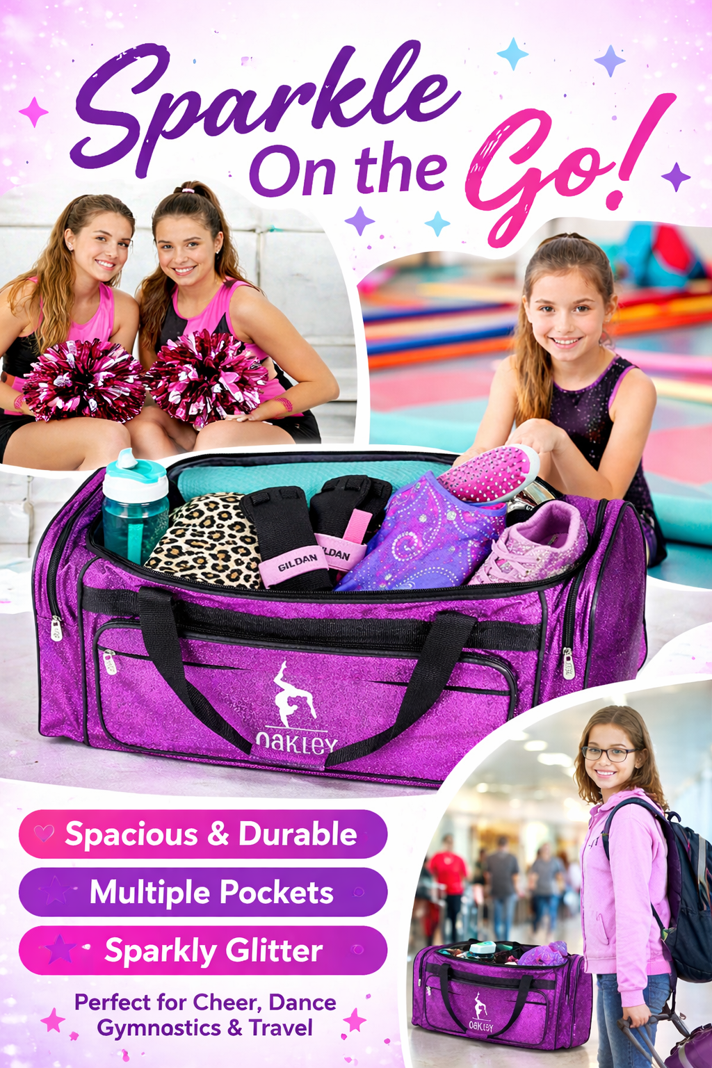 Personalized Pink Dance Duffle Bag – Custom Name Ballet & Gymnastics Glitter Gear Bag
