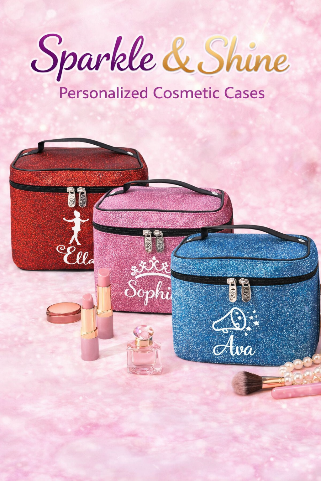 Blue Glitter Cheerleader Cosmetic Case – Personalized Cheer Makeup Bag Travel Train Case