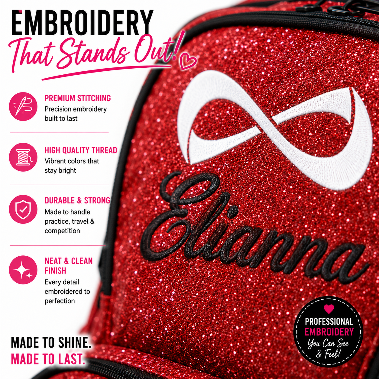 Personalized Red Nfinity Sparkle Backpack | Custom Embroidered Cheer, Dance & Gymnastics Competition Bag