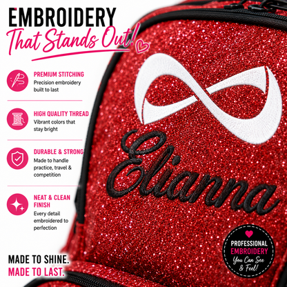 Personalized Red Nfinity Sparkle Backpack | Custom Embroidered Cheer, Dance & Gymnastics Competition Bag