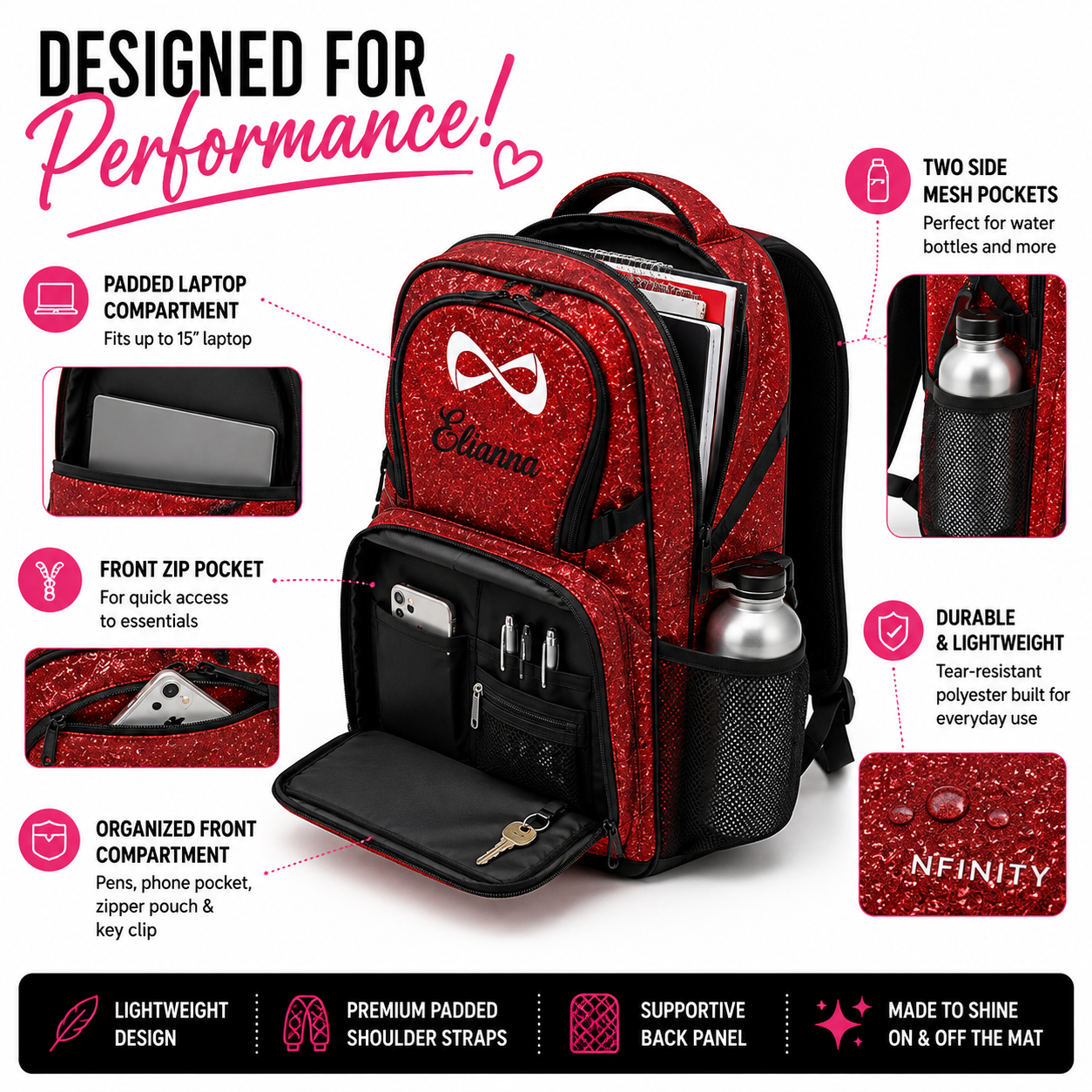 Personalized Red Nfinity Sparkle Backpack | Custom Embroidered Cheer, Dance & Gymnastics Competition Bag