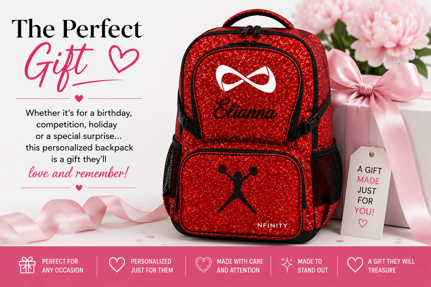 Personalized Red Nfinity Sparkle Backpack | Custom Embroidered Cheer, Dance & Gymnastics Competition Bag