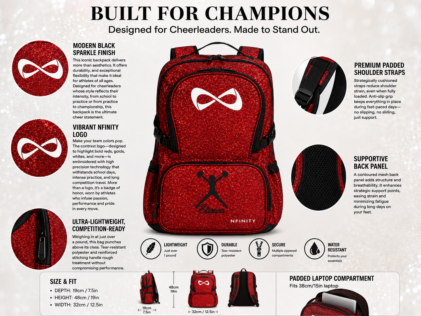 Personalized Red Glitter Cheer Backpack | Custom Nfinity Sparkle Backpack for Cheerleaders