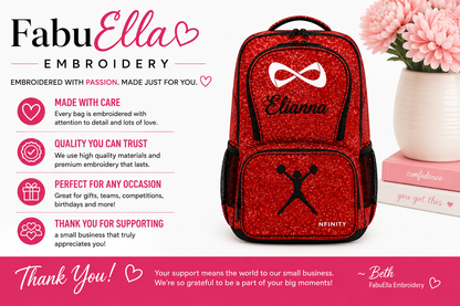 Personalized Red Nfinity Sparkle Backpack | Custom Embroidered Cheer, Dance & Gymnastics Competition Bag