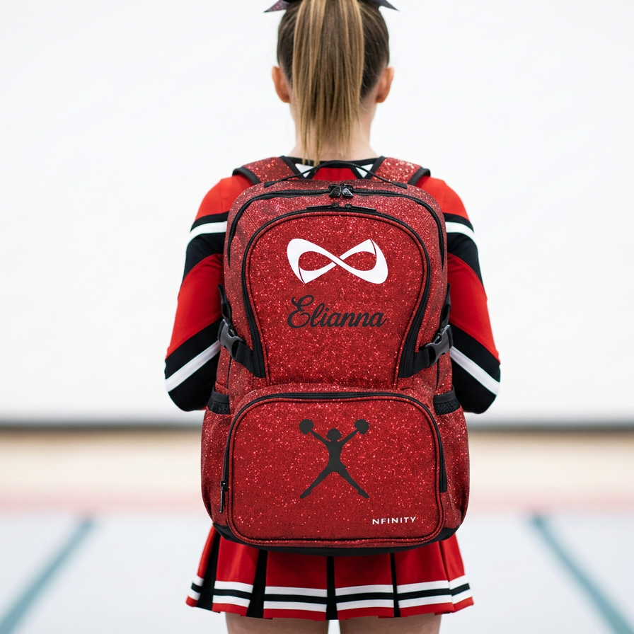 Teen cheerleader wearing a personalized red Nfinity sparkle backpack.