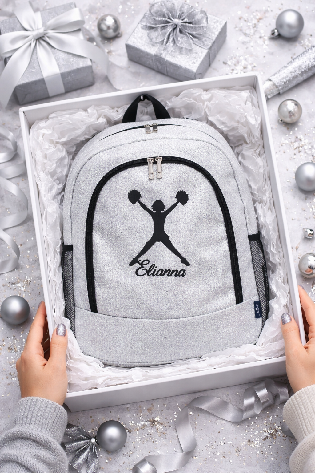 Personalized Cheer Backpack – Silver Glitter Cheerleading Bag with Name (Pom Pose Design