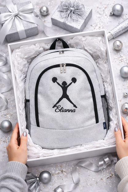 Personalized Cheer Backpack – Silver Glitter Cheerleading Bag with Name (Pom Pose Design