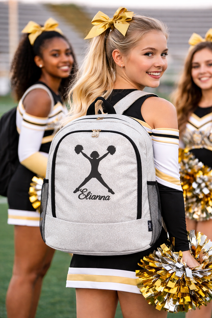 Personalized Cheer Backpack – Silver Glitter Cheerleading Bag with Name (Pom Pose Design