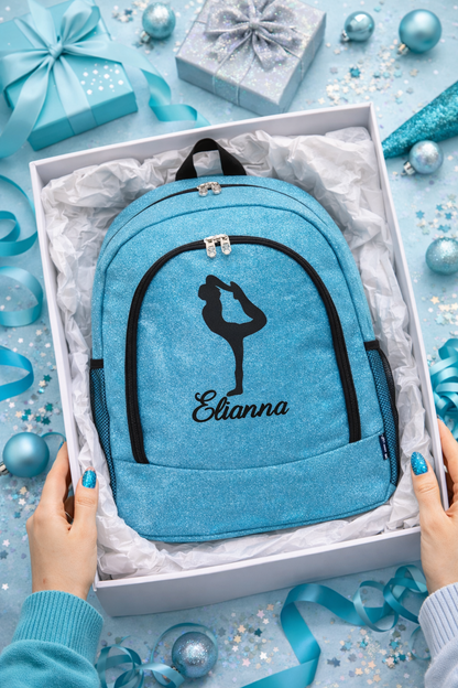 Personalized Cheer Backpack – Turquoise Glitter Cheerleading Bag with Name (Heel Stretch Pose Design)