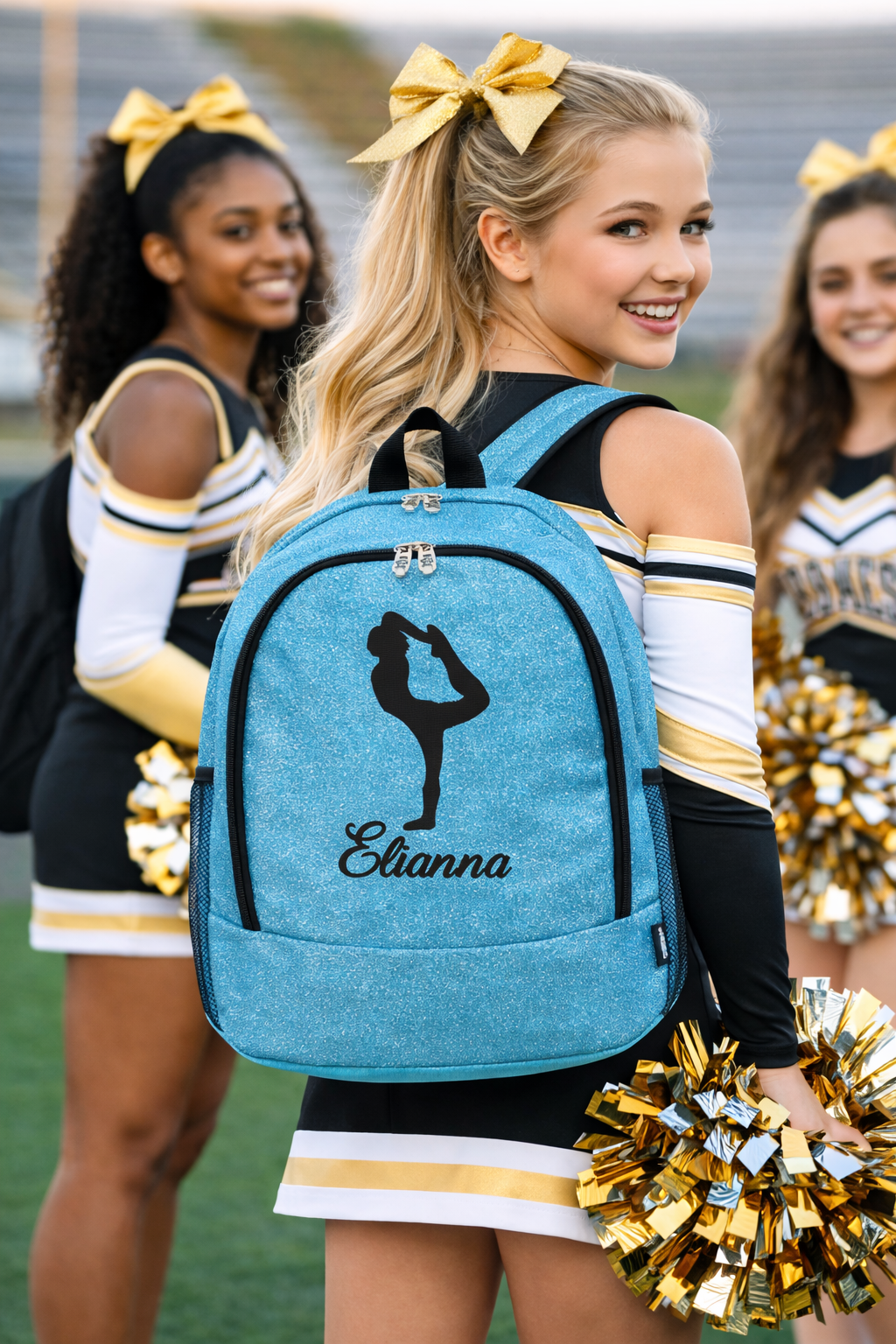 Personalized Cheer Backpack – Turquoise Glitter Cheerleading Bag with Name (Heel Stretch Pose Design)