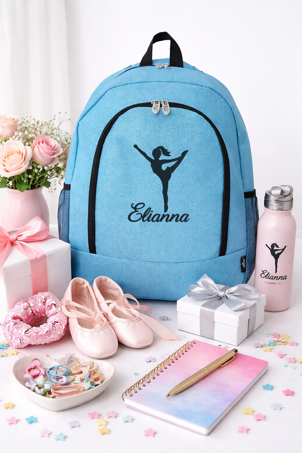 Personalized Cheer Backpack – Turquoise Glitter Cheerleading Bag with Name (High Kick Pose Design)