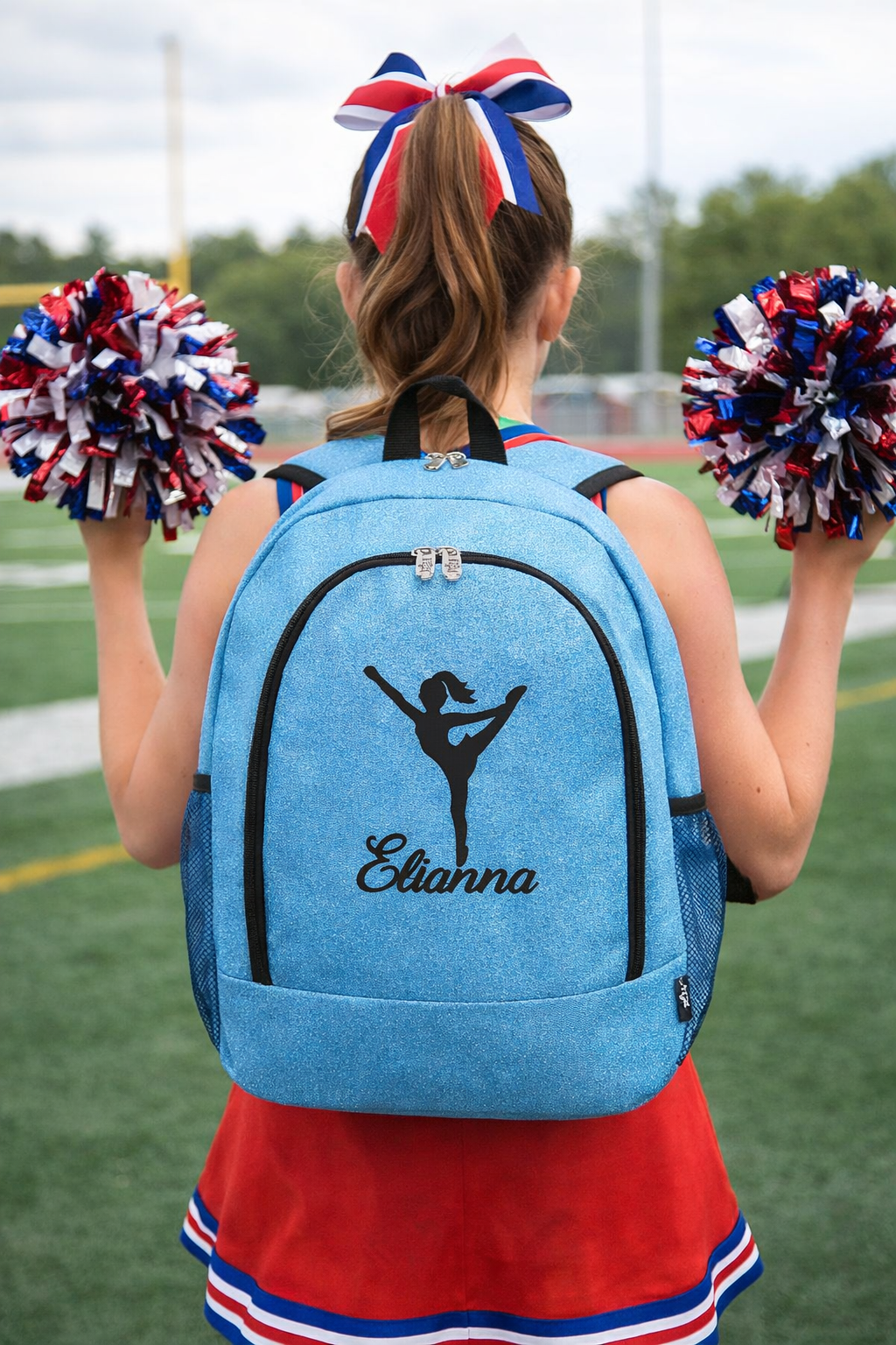 Personalized Cheer Backpack – Turquoise Glitter Cheerleading Bag with Name (High Kick Pose Design)
