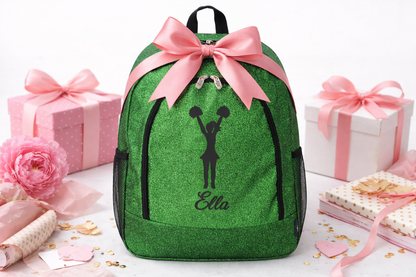 Personalized Cheer Backpack – Green Glitter Cheerleading Bag with Name (Pom Pose Design)