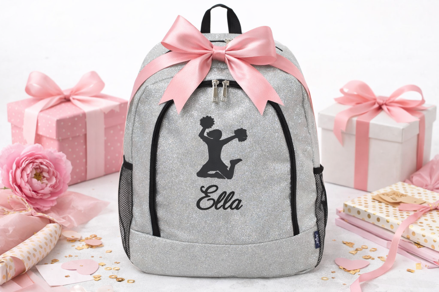 Personalized Cheer Backpack – Silver Glitter Cheerleading Bag with Name (Jump Pose Design)