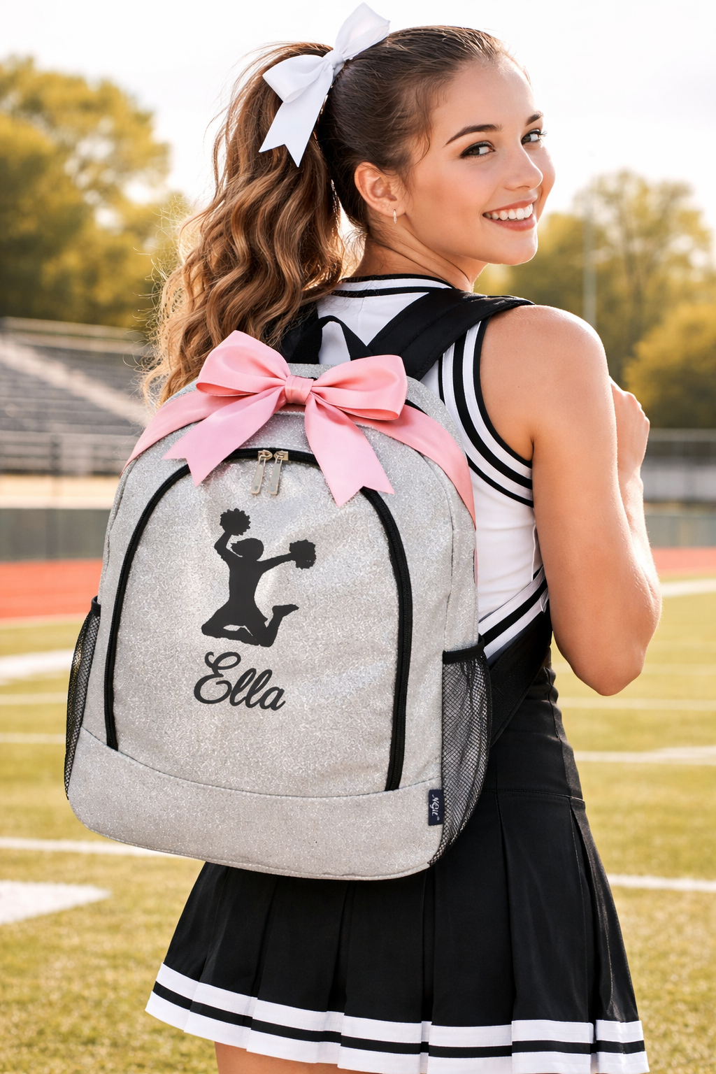 Personalized Cheer Backpack – Silver Glitter Cheerleading Bag with Name (Jump Pose Design)