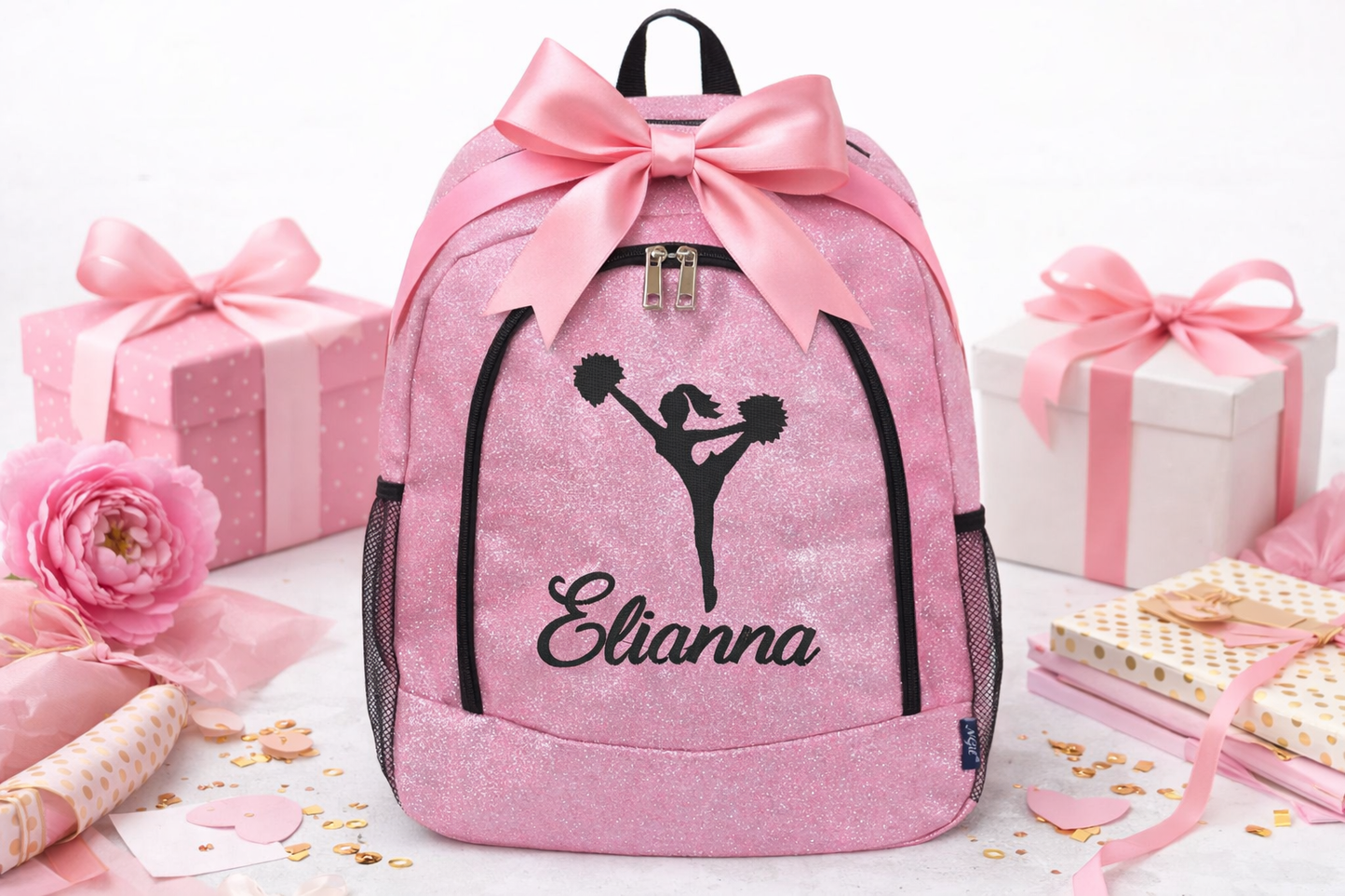 Personalized Cheer Backpack – Pink Glitter Cheerleading Bag with Name (Pom Pose Design)