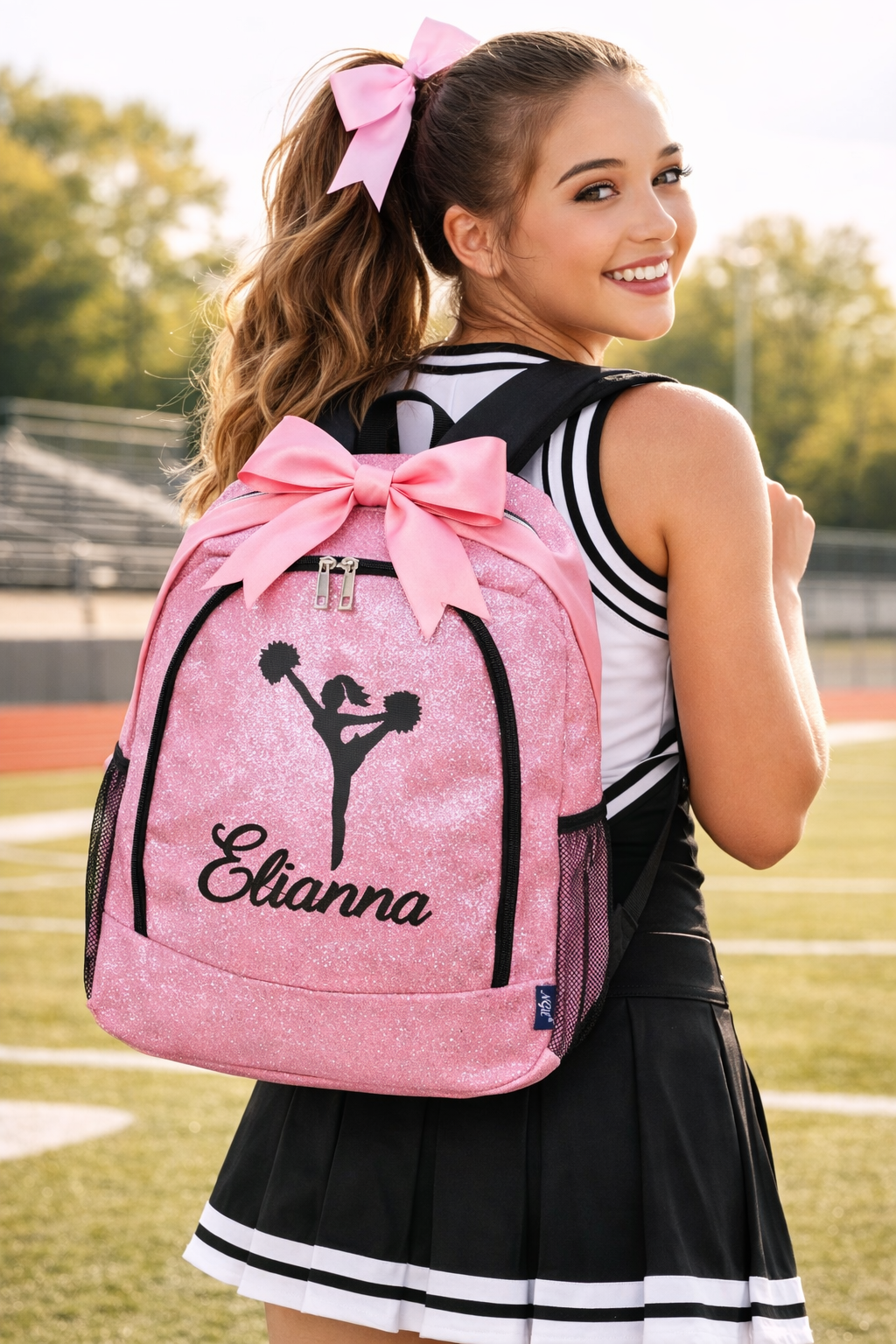 Personalized Cheer Backpack – Pink Glitter Cheerleading Bag with Name (Pom Pose Design)