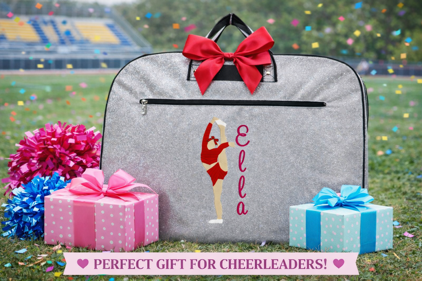 Personalized Cheer Garment Bag – Silver Glitter Cheerleader Competition Bag with Custom Name