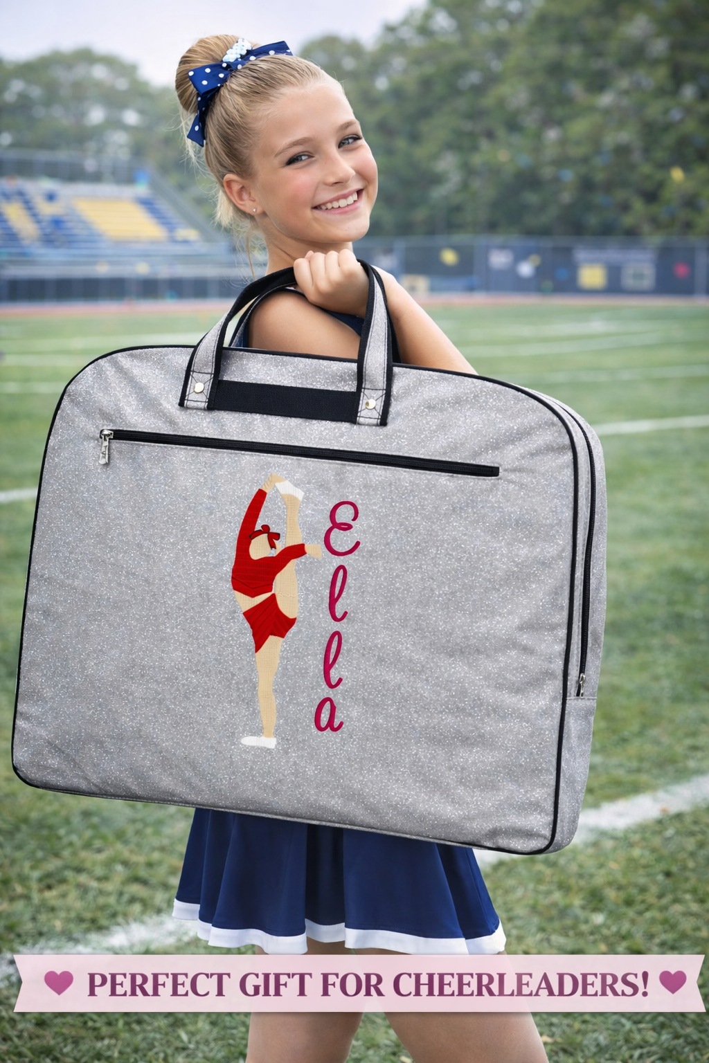 Personalized Cheer Garment Bag – Silver Glitter Cheerleader Competition Bag with Custom Name