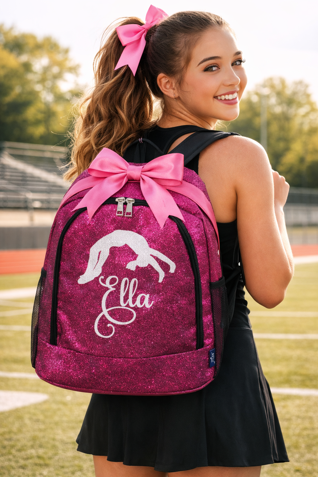 Personalized Cheer Backpack – Hot Pink Glitter Cheerleading Bag with Name (Backbend Design)