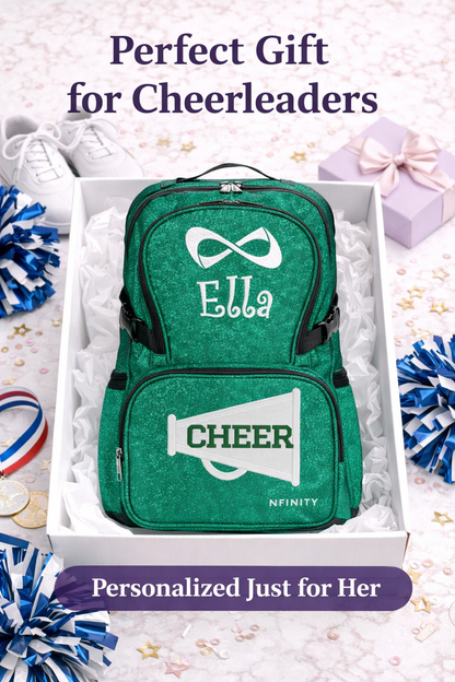 Personalized Green Glitter Cheer Backpack – Custom Name Sparkle Sports Bag – Cheerleader Competition Backpack