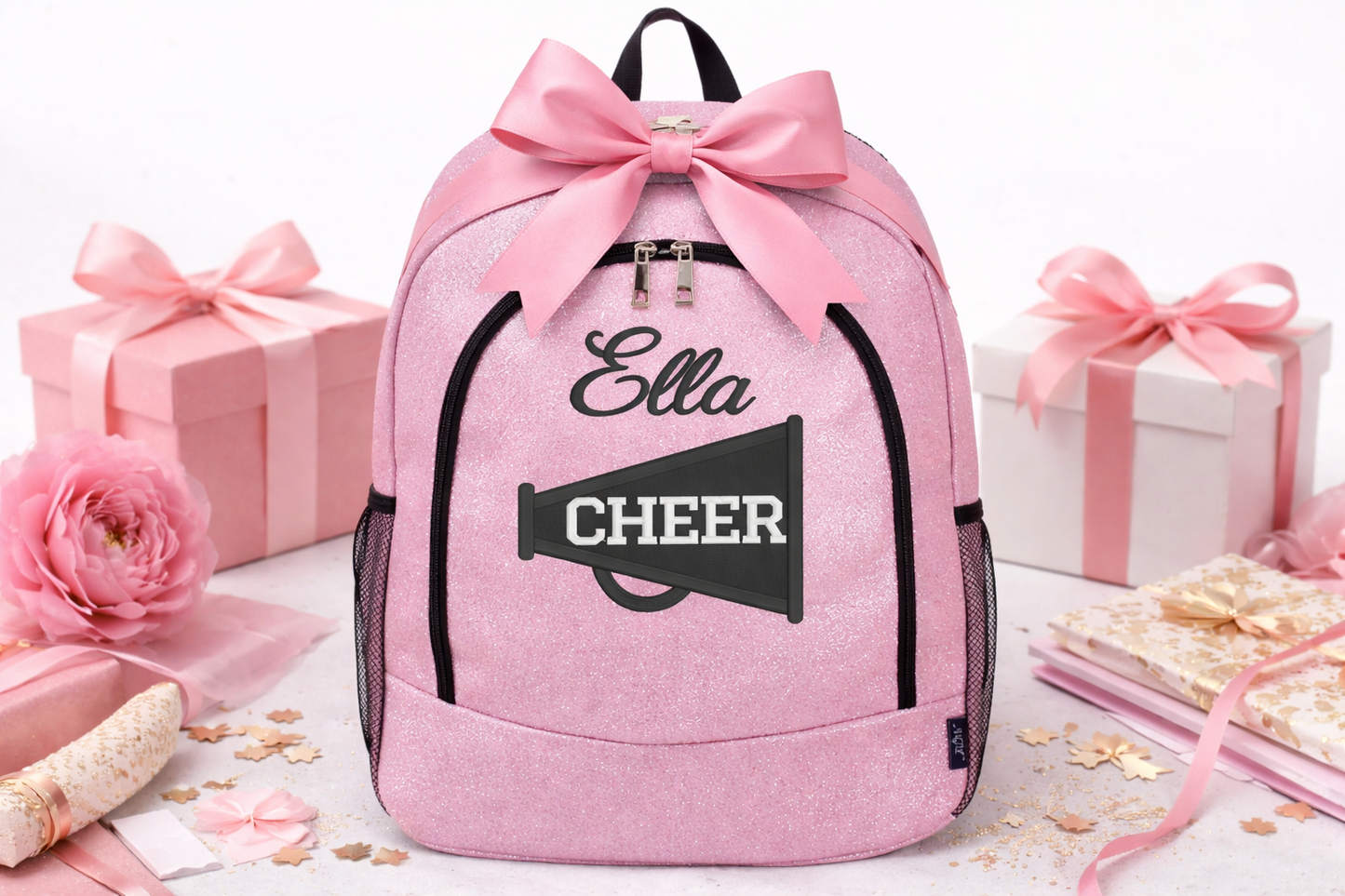 Personalized Cheer Backpack – Custom Glitter Cheerleading Bag with Name (Megaphone Design)