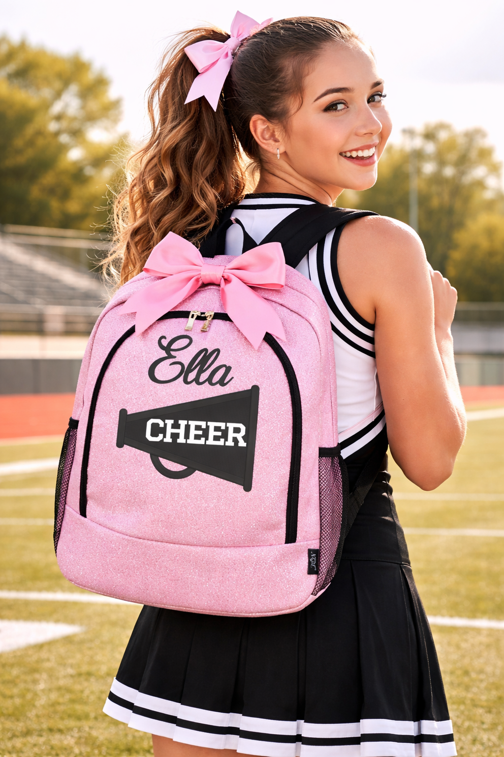 Personalized Cheer Backpack – Custom Glitter Cheerleading Bag with Name (Megaphone Design)