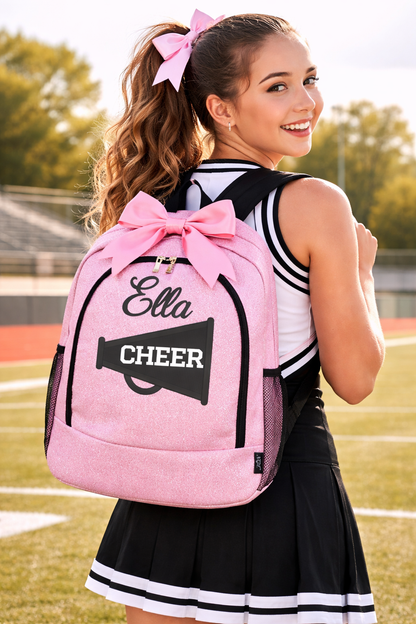 Personalized Cheer Backpack – Custom Glitter Cheerleading Bag with Name (Megaphone Design)